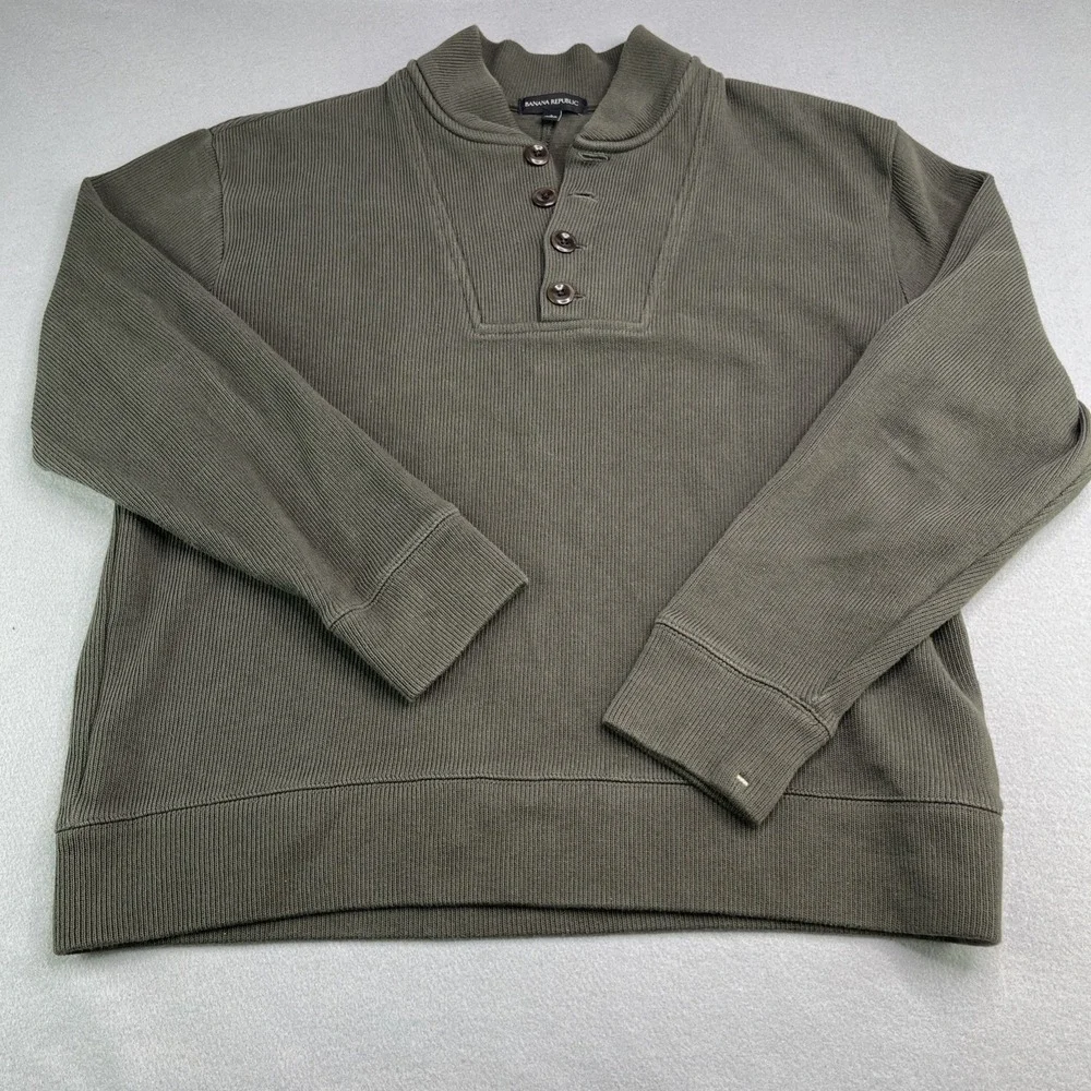 Banana Republic Sweater Pullover Earth Green 100% Cotton Men's Large 1/4 Button